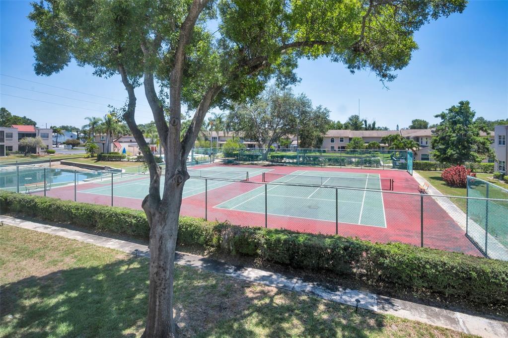 An outdoor view of two fenced tennis courts next to a small pool and apartments — 9700 STARKEY ROAD UNIT 228, SEMINOLE, FL