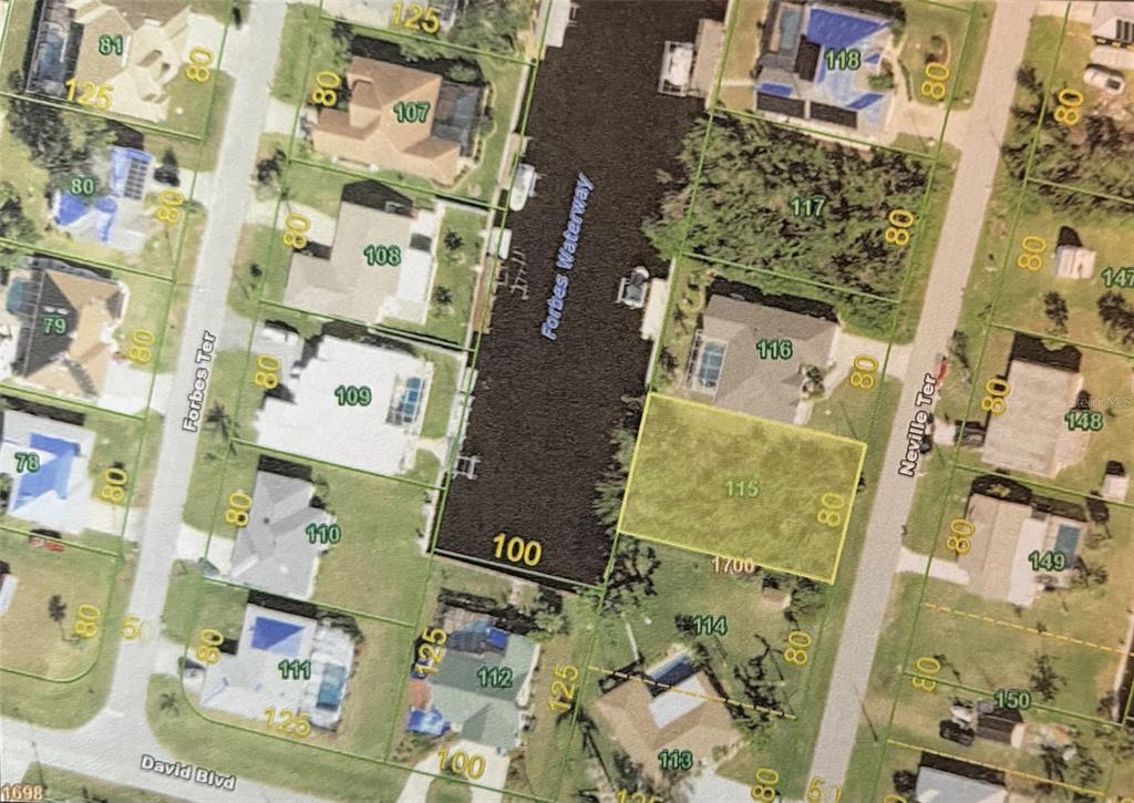 This is an aerial map showing residential lots and a waterway in a suburban neighborhood — 5297 NEVILLE TERRACE, PORT CHARLOTTE, FL