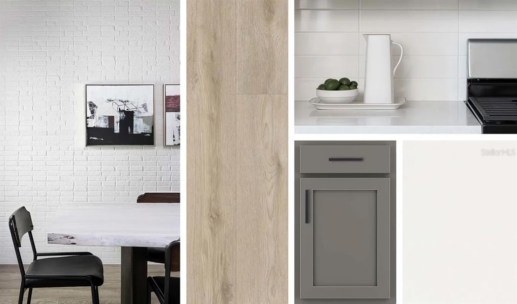 This collage shows interior design finishes including wood flooring, gray cabinets, and a white kitchen — 7538 DEER VALLEY CIRCLE, TAMPA, FL