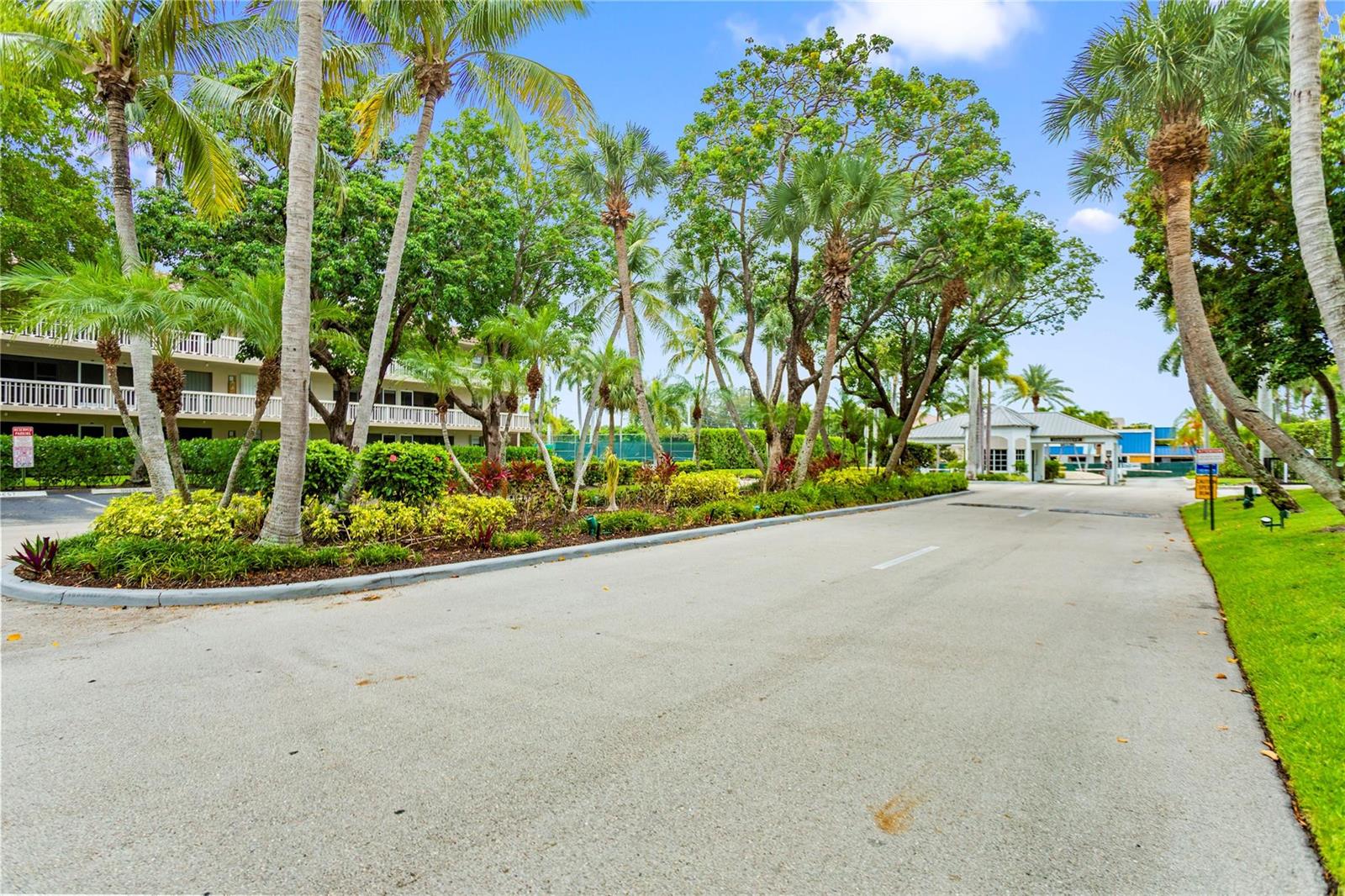 A paved driveway leads toward a gated entrance surrounded by lush palm trees and landscaping — 16 Royal Palm Way # 302, Boca Raton FL 33432, BOCA RATON, FL