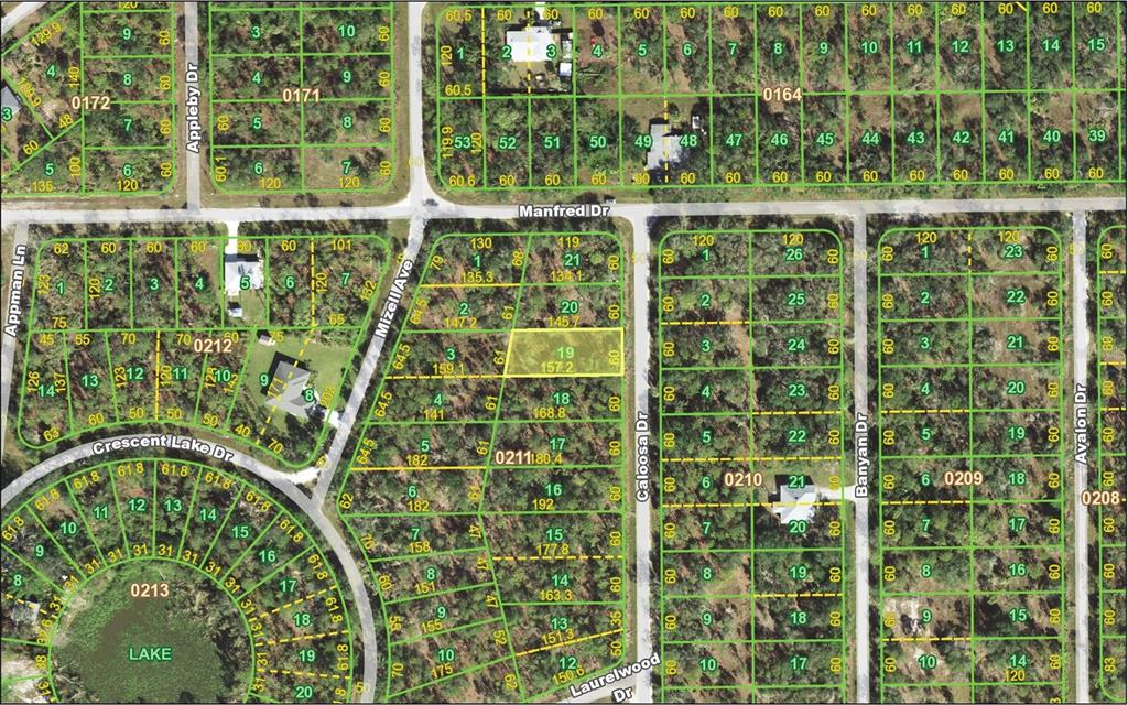 This is a land parcel map showing residential lots, streets, and a lake — 13155 CALOOSA DRIVE, PUNTA GORDA, FL