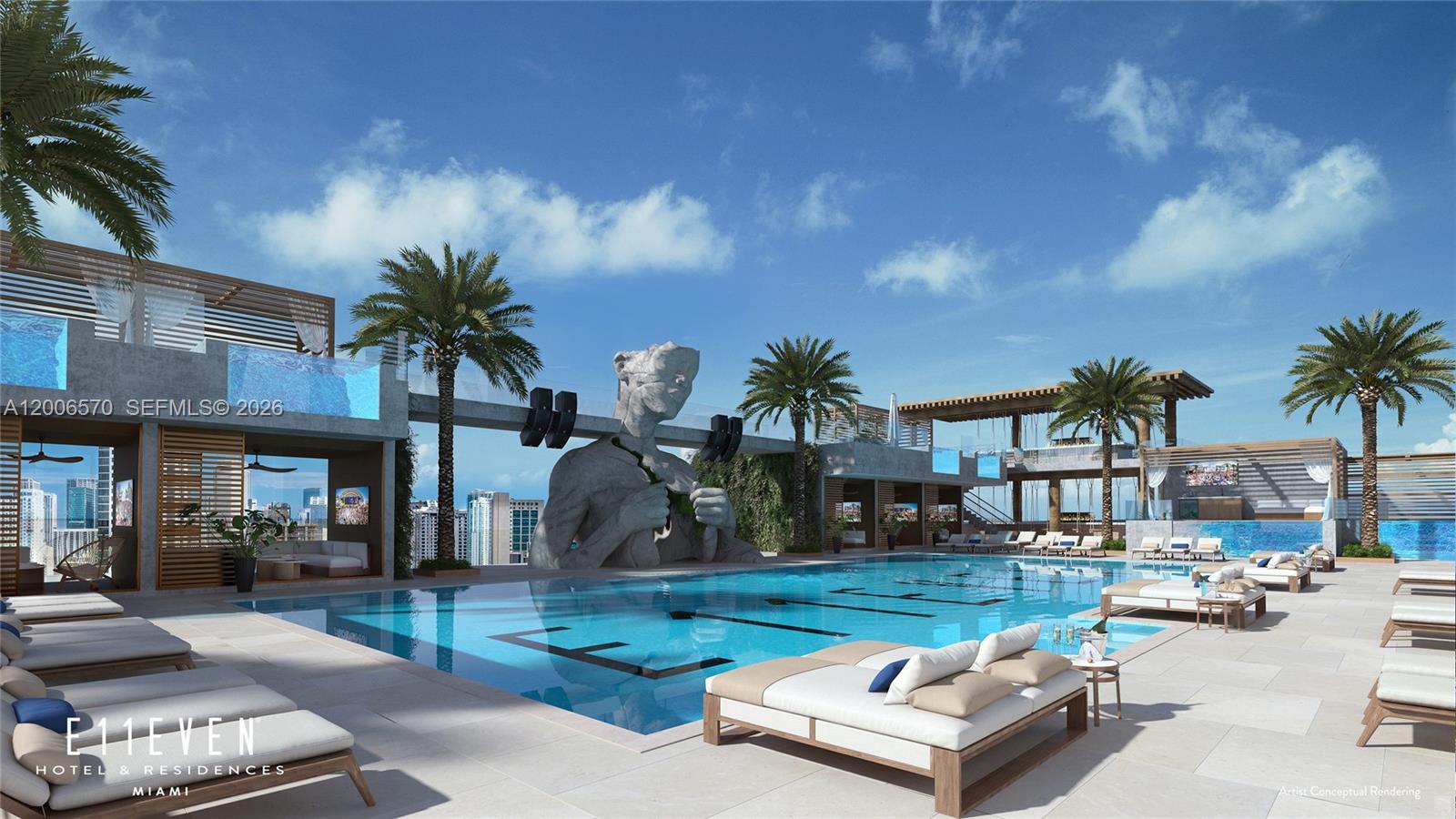 This is an artist conceptual rendering of a rooftop pool deck with lounge seating — 20 NE 11th St # 4012A, Miami FL 33132, MIAMI, FL