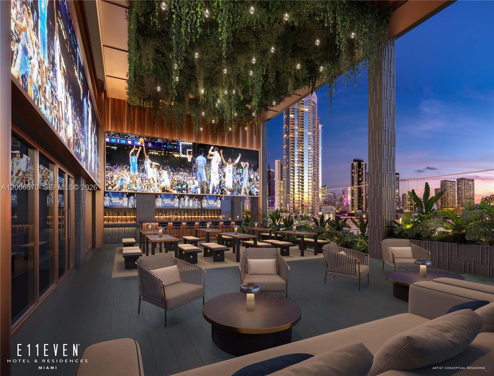 This architectural rendering shows an outdoor lounge with large screens, seating, and city skyline views — 20 NE 11th St # 4012A, Miami FL 33132, MIAMI, FL