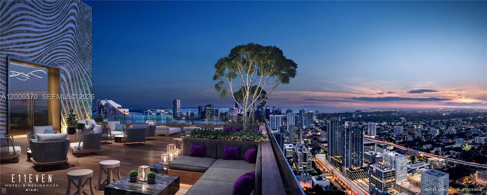 This is a rendering of an outdoor rooftop terrace featuring lounge seating and city views — 20 NE 11th St # 4012A, Miami FL 33132, MIAMI, FL
