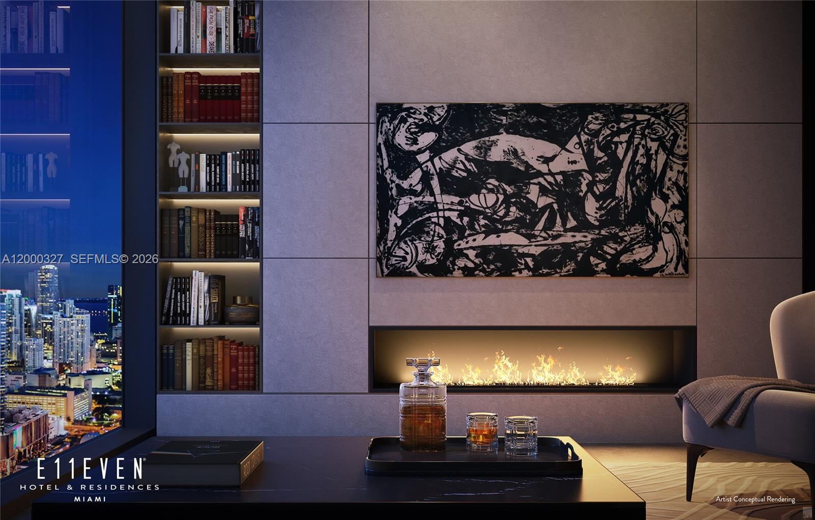 A modern kitchen features dark cabinetry, a large stone island, and four gray bar stools — 20 NE 11th St # 4502, Miami FL 33132, MIAMI, FL