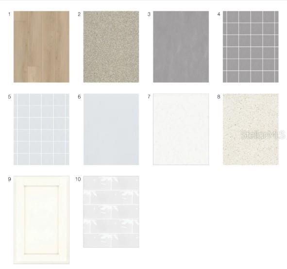 This image is a digital rendering showing ten different interior finish and material samples — 7004 FOXBORO WAY, NOKOMIS, FL