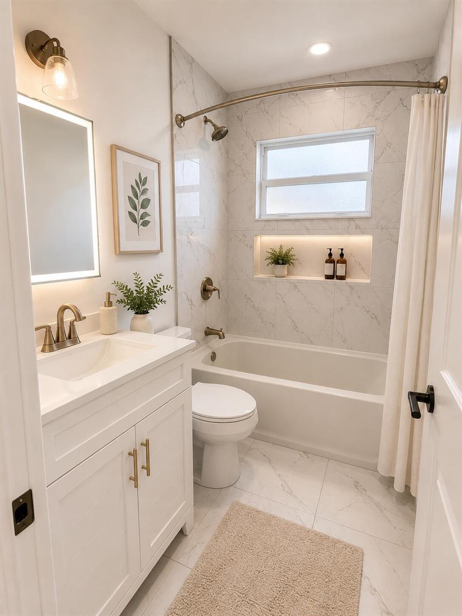 A small bathroom features a white vanity, a marble-tiled tub shower, and gold-toned fixtures — 4181 Winchester Lane, FL 33406, FL