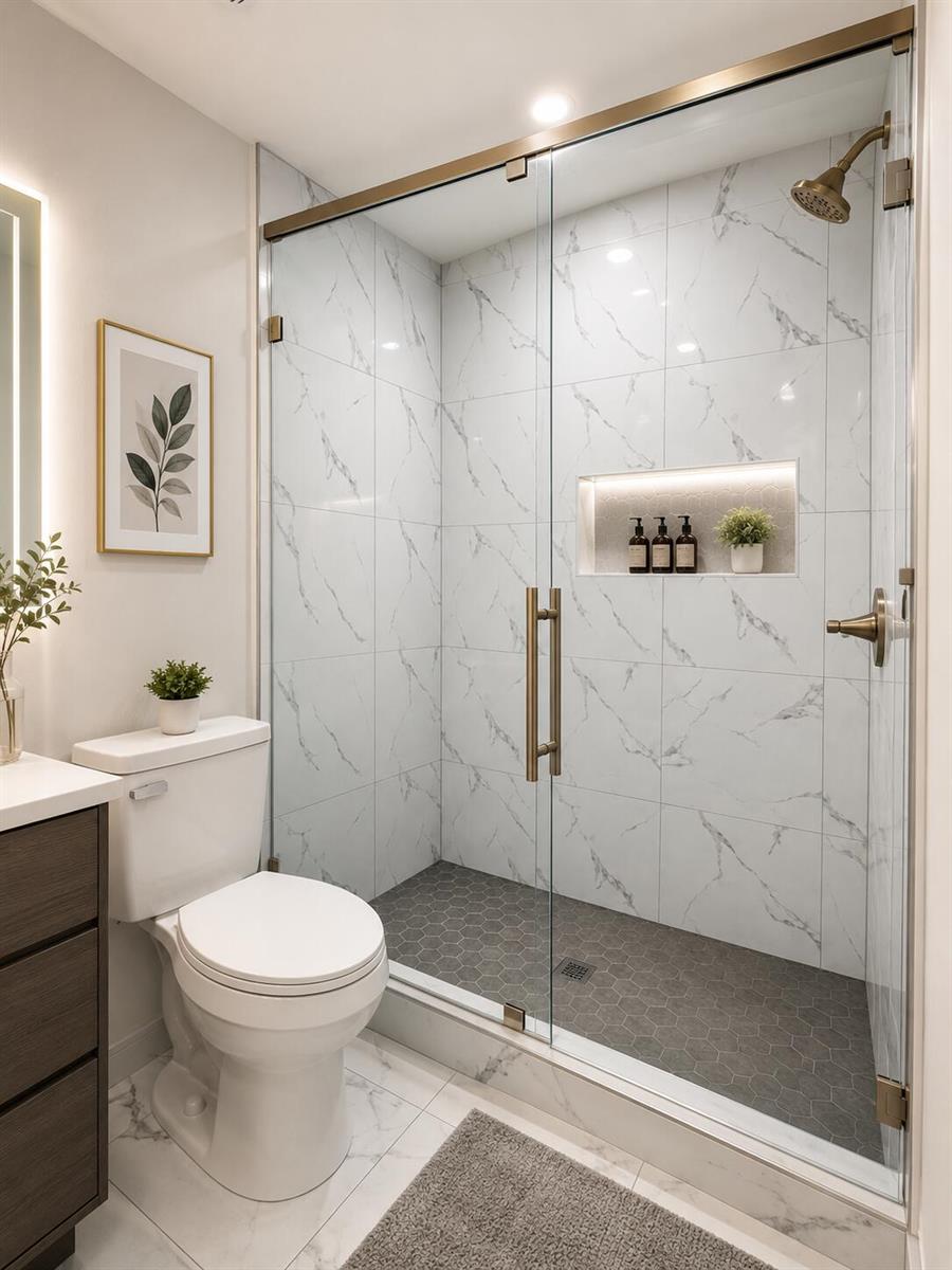 A bathroom features a glass-enclosed shower with marble-look tile, a dark vanity, and a toilet — 4181 Winchester Lane, FL 33406, FL