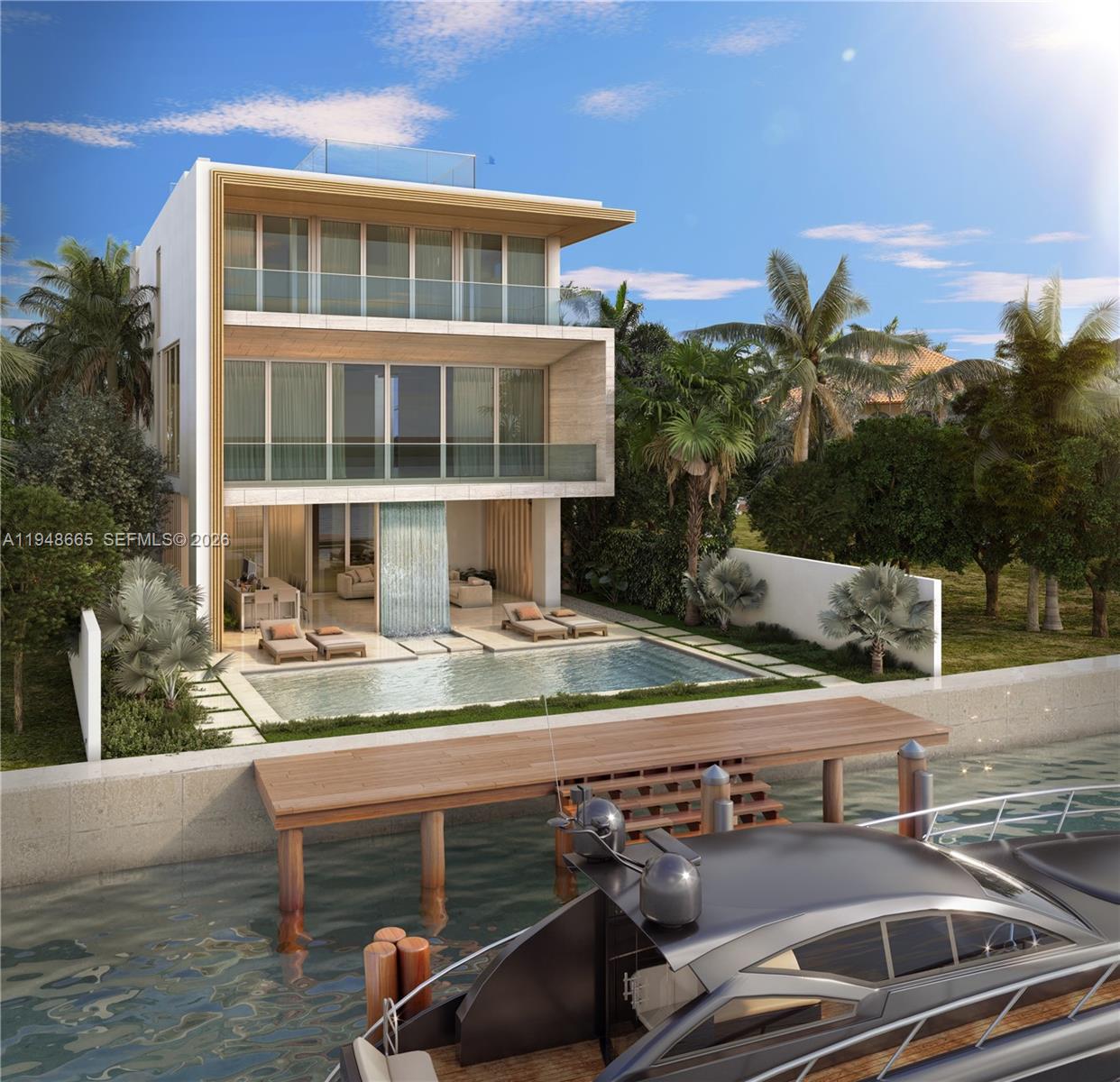 This architectural rendering shows a modern three-story waterfront home with a pool and private dock — 290 S Coconut Ln, Miami Beach FL 33139, MIAMI BEACH, FL