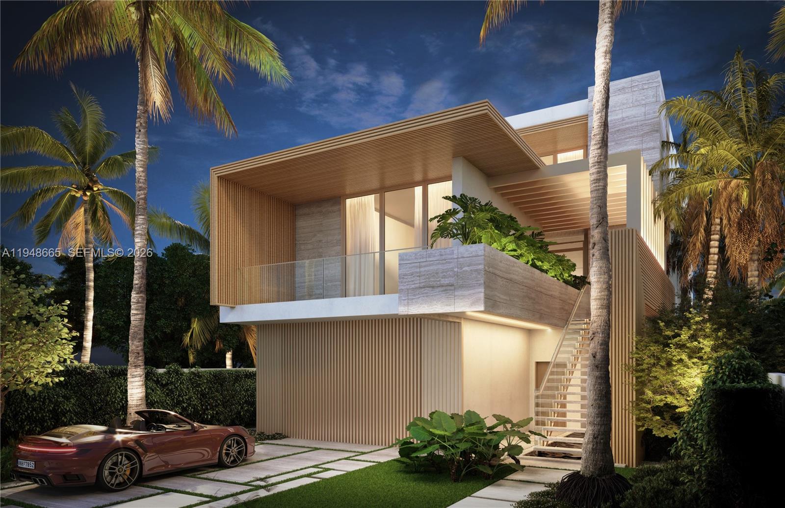 This is a rendering of a modern two-story house with wood slats and a balcony — 290 S Coconut Ln, Miami Beach FL 33139, MIAMI BEACH, FL