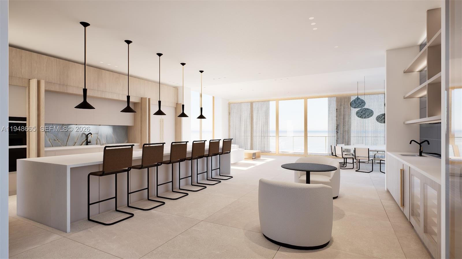 This rendering shows a modern open-concept kitchen and living area with a large island — 290 S Coconut Ln, Miami Beach FL 33139, MIAMI BEACH, FL