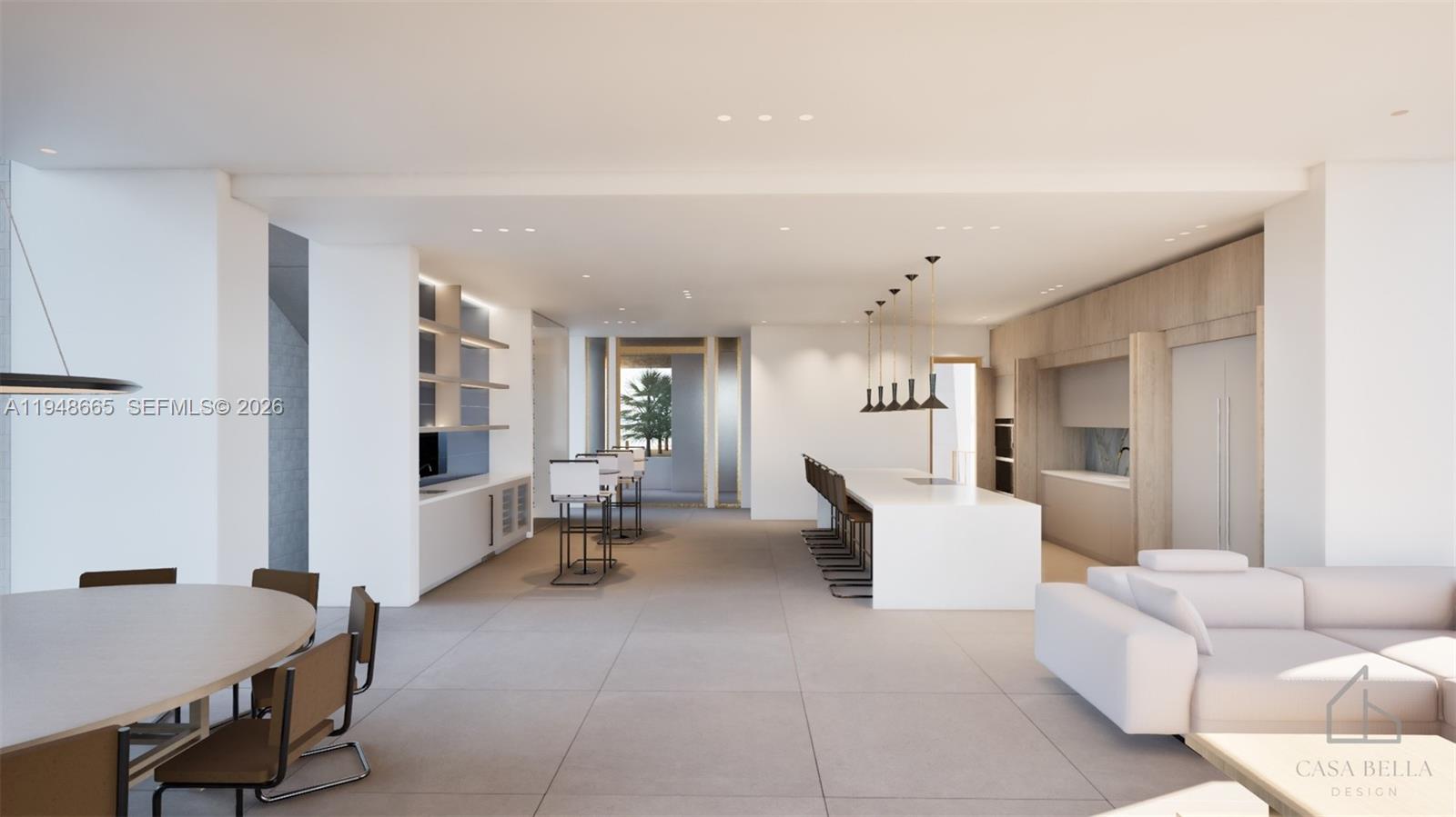This is a rendering of an open-concept kitchen and living area with modern minimalist finishes — 290 S Coconut Ln, Miami Beach FL 33139, MIAMI BEACH, FL