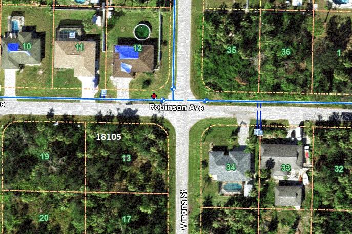 This is an aerial map showing residential lots and street intersections — 18105 ROBINSON AVENUE, PORT CHARLOTTE, FL