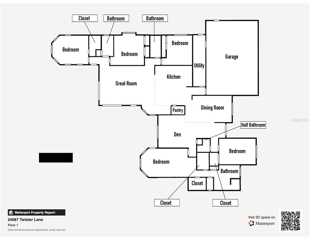 This is a floor plan showing the layout of a single-story residential home — 24087 TWISTER LANE, BROOKSVILLE, FL
