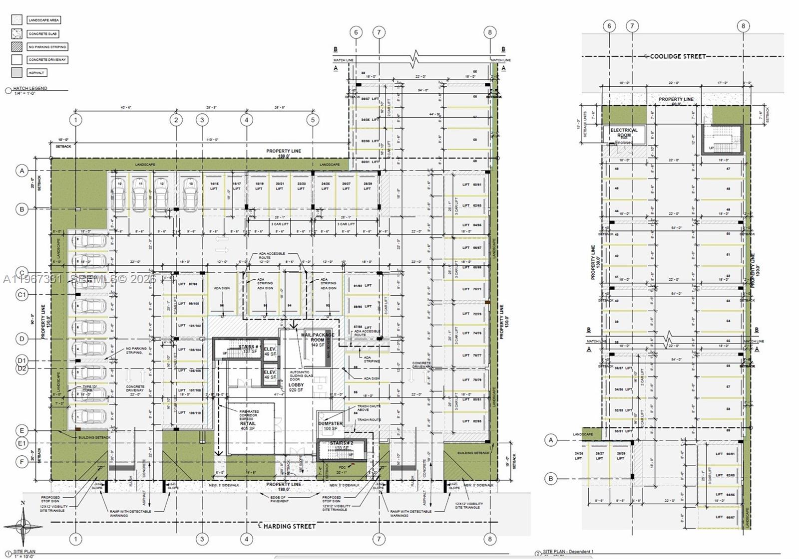 This is a site plan showing a building footprint, parking layout, and landscaping details — 1821 Harding St, Hollywood FL 33020, HOLLYWOOD, FL