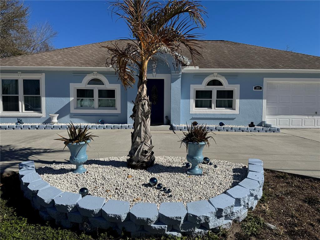 A light blue house with a palm tree and a stone planter in the front yard — 303 BACCARAT COURT, KISSIMMEE, FL