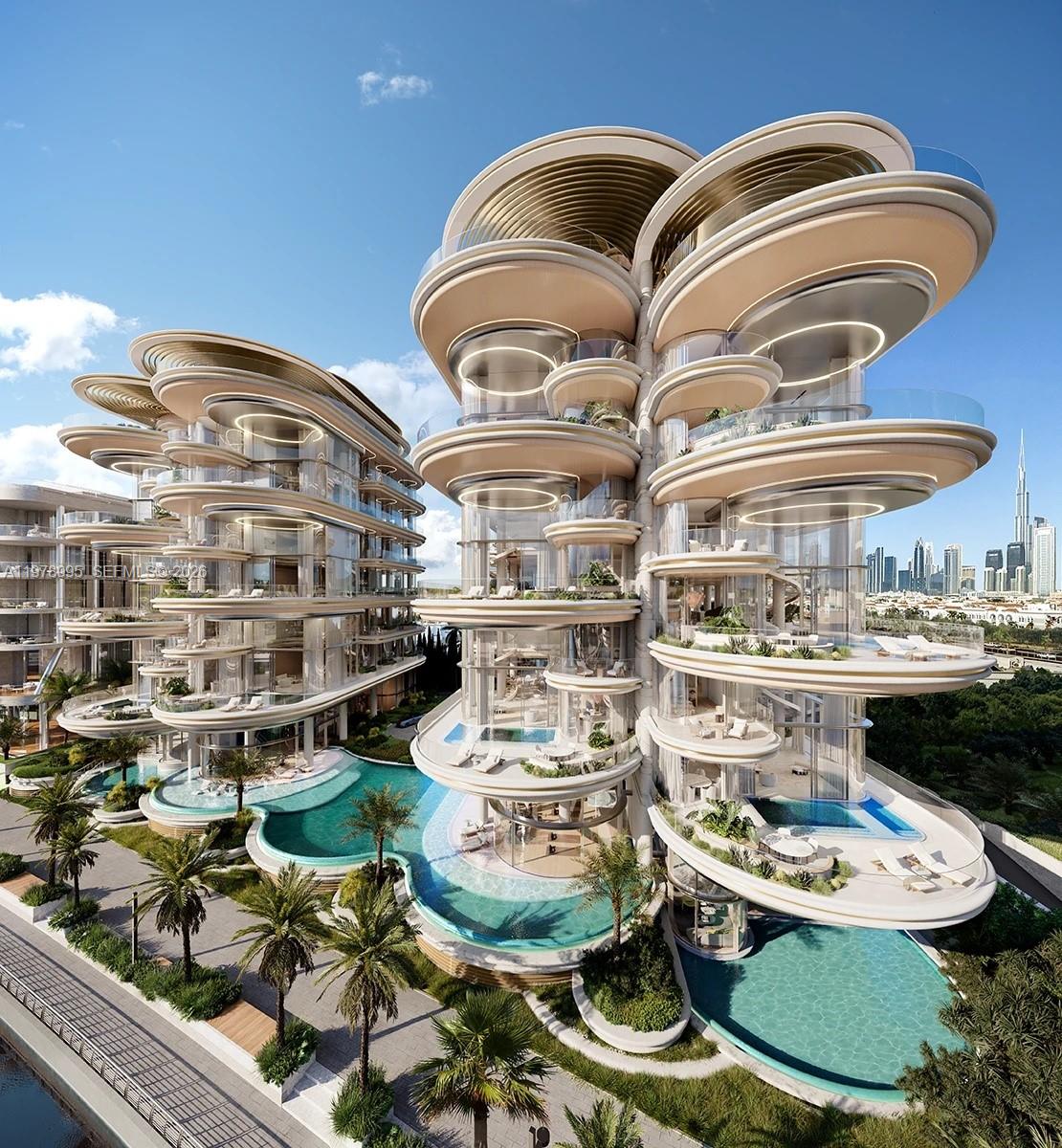 This architectural rendering depicts modern, multi-story residential buildings with curved balconies and private swimming pools — 65 24C Street # 0, Dubai, FL
