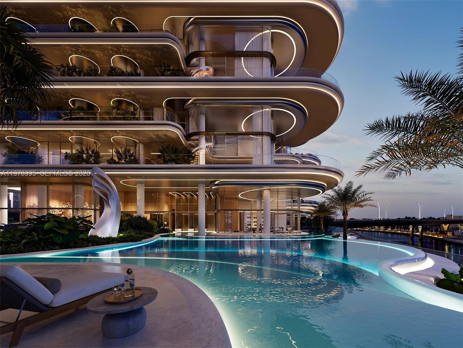 This architectural rendering shows a modern multi-story building with balconies overlooking a swimming pool — 65 24C Street # 0, Dubai, FL