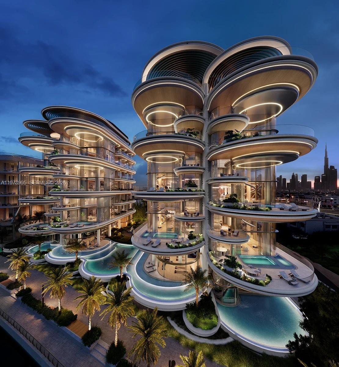 A rendering of a modern, multi-story residential building with curved balconies, private pools, and palm trees — 65 24C Street # 0, Dubai, FL