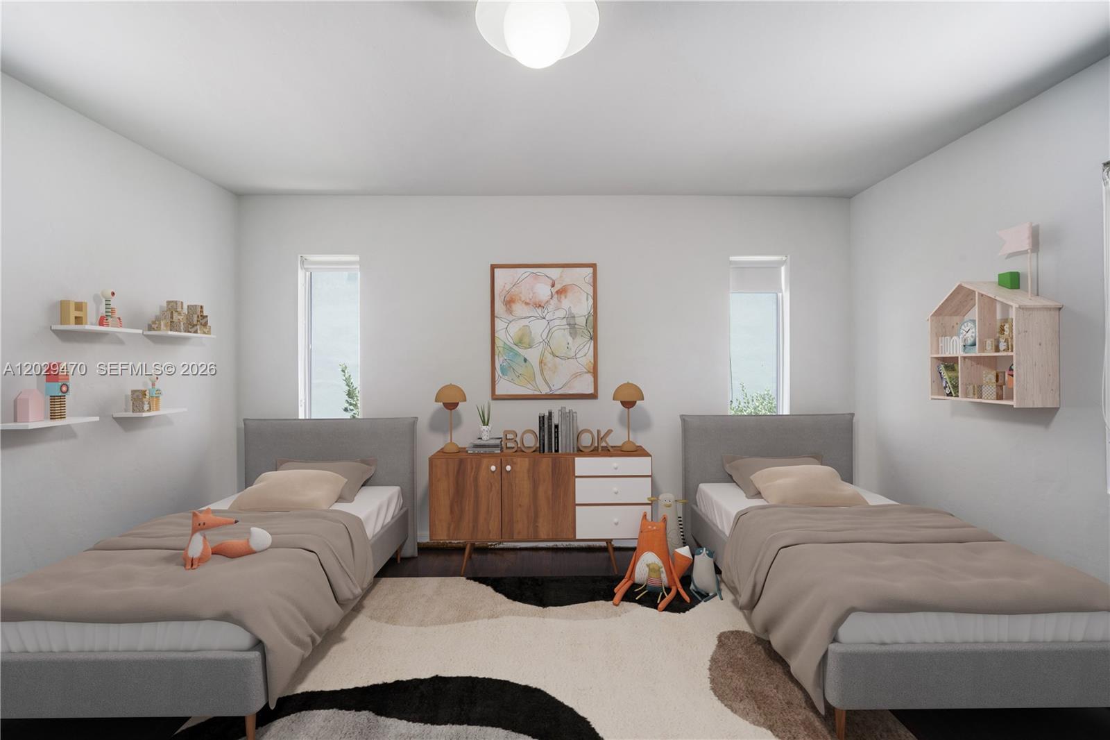 This is a rendering of a children's bedroom featuring two twin beds and a central dresser — 550 W 49th St, Miami Beach FL 33140, MIAMI BEACH, FL