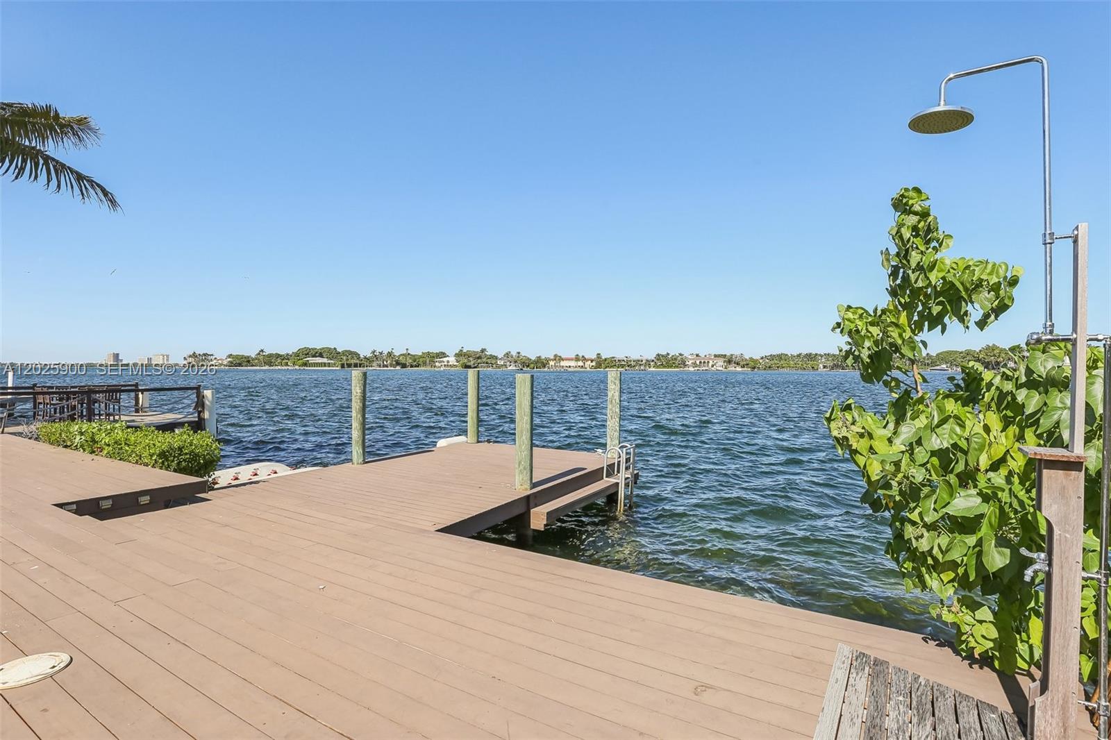 A wooden dock extends into a body of water with an outdoor shower nearby — 1231 Stillwater Dr, Miami Beach FL 33141, MIAMI BEACH, FL