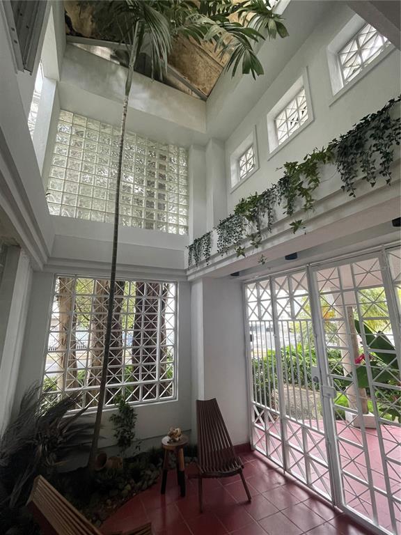 A sunlit atrium features a tall palm tree, glass block windows, and a red tiled floor — 4 EBANO STREET UNIT 4, GUAYNABO, PR