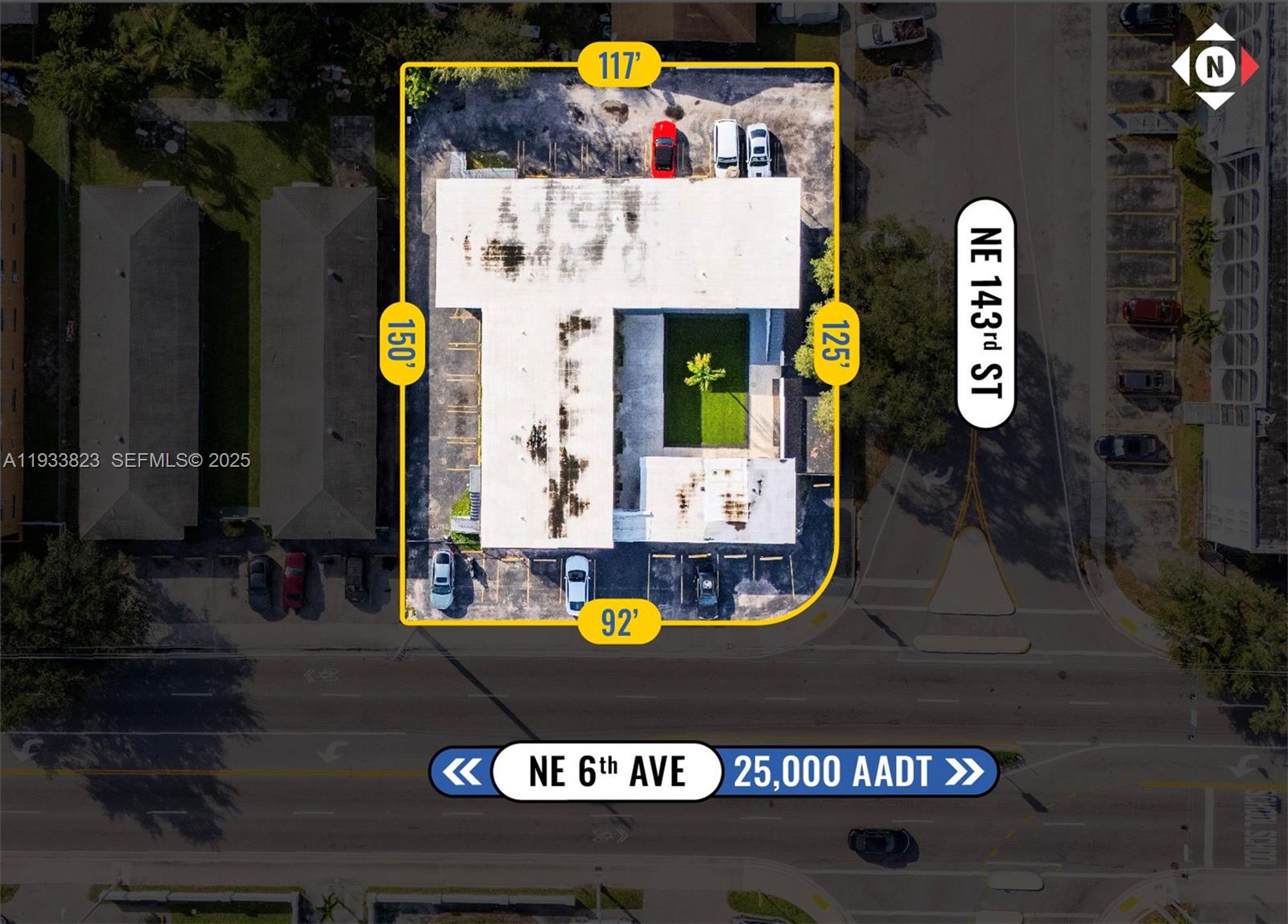 An aerial view shows a commercial building with a central courtyard and surrounding parking lot — 14280 NE 6th Ave, North Miami FL 33161, NORTH MIAMI, FL