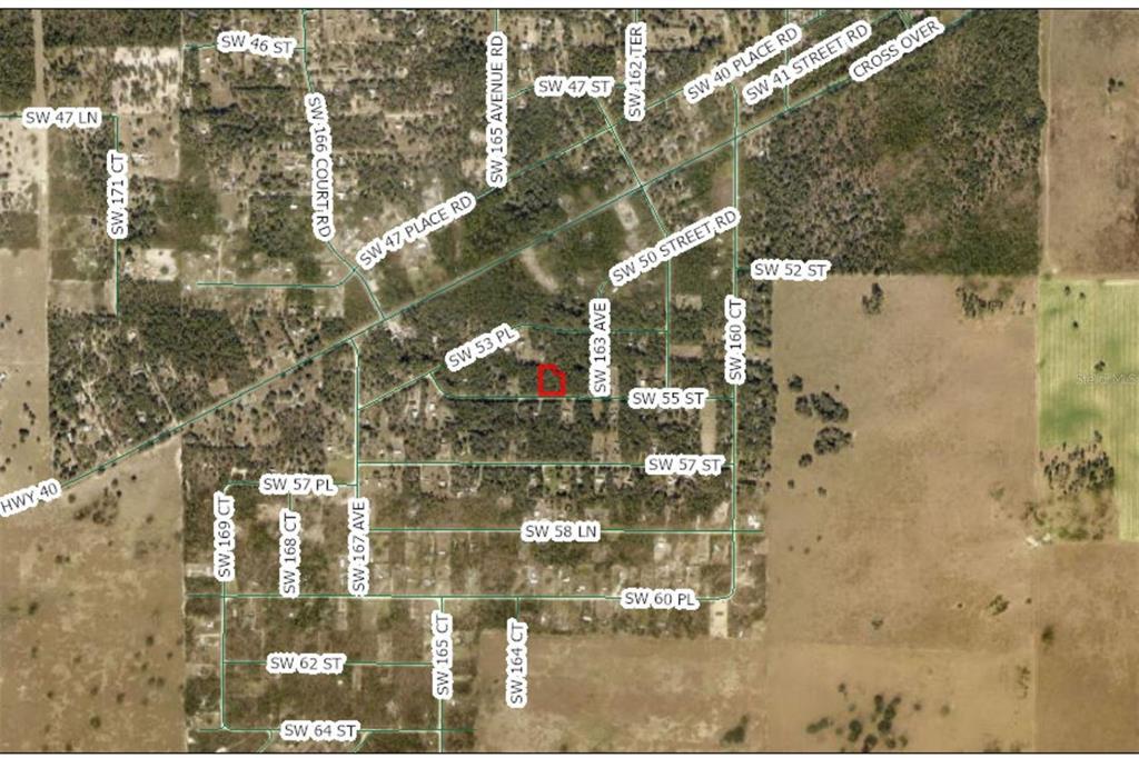 This is an aerial map showing a highlighted property lot within a residential neighborhood — TBD SW 55 STREET, OCALA, FL