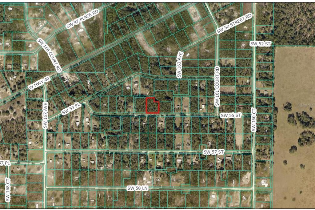 This is an aerial map showing a highlighted parcel of land surrounded by residential lots — TBD SW 55 STREET, OCALA, FL