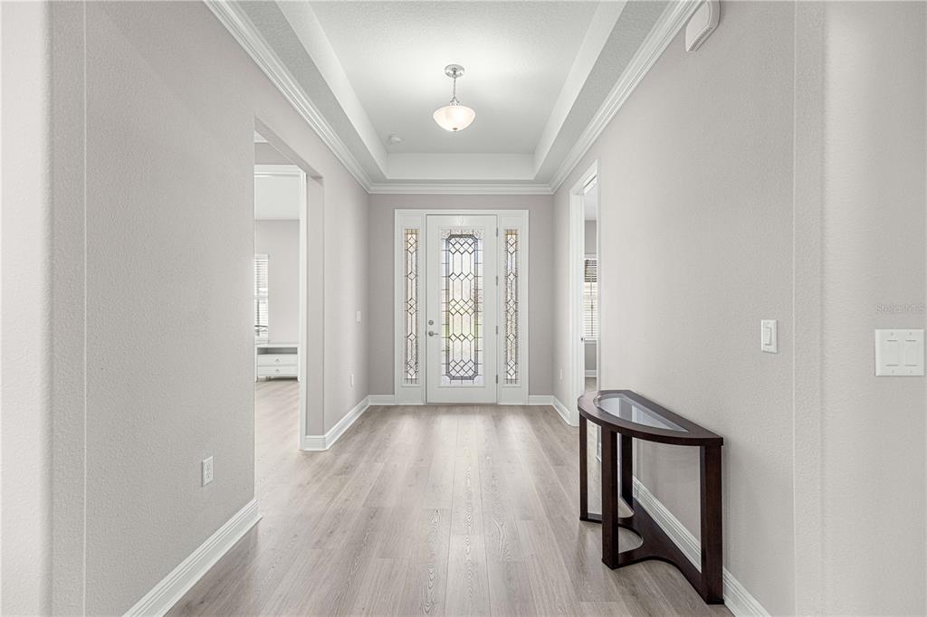 A bright foyer features light wood-look flooring, a tray ceiling, and a decorative glass front door — 10050 SW 106TH CIRCLE, OCALA, FL