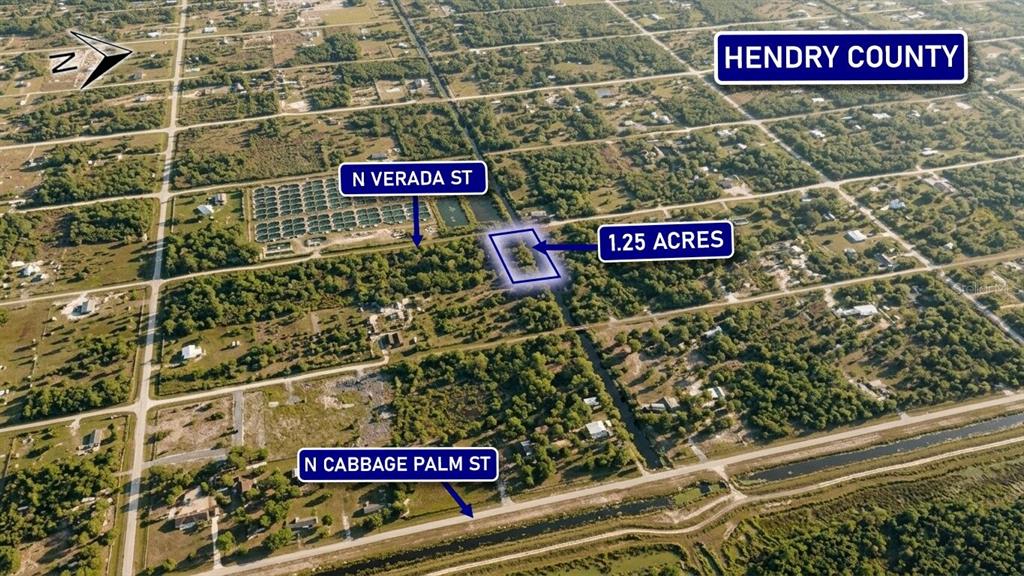 An aerial view shows a highlighted 1.25-acre plot of land in a rural residential area — 375 N VERDA STREET, CLEWISTON, FL