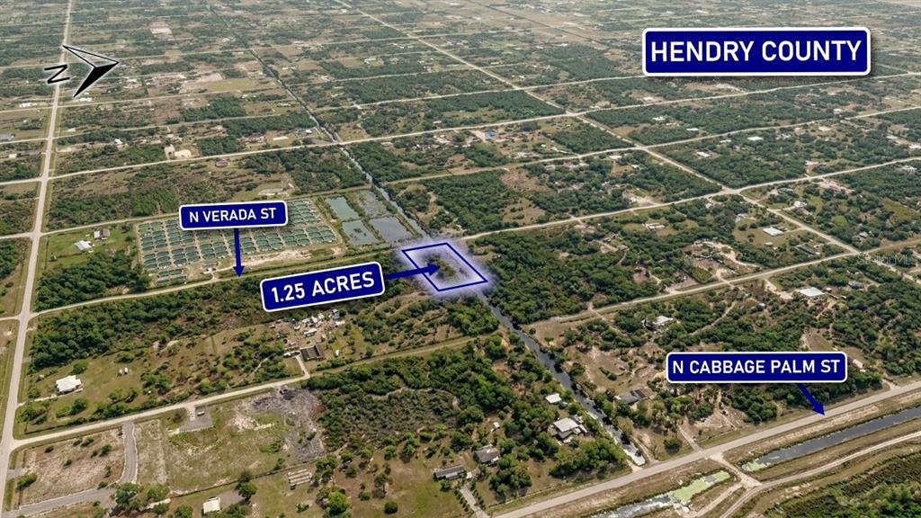 An aerial view shows a highlighted 1.25-acre plot of land in Hendry County — 375 N VERDA STREET, CLEWISTON, FL