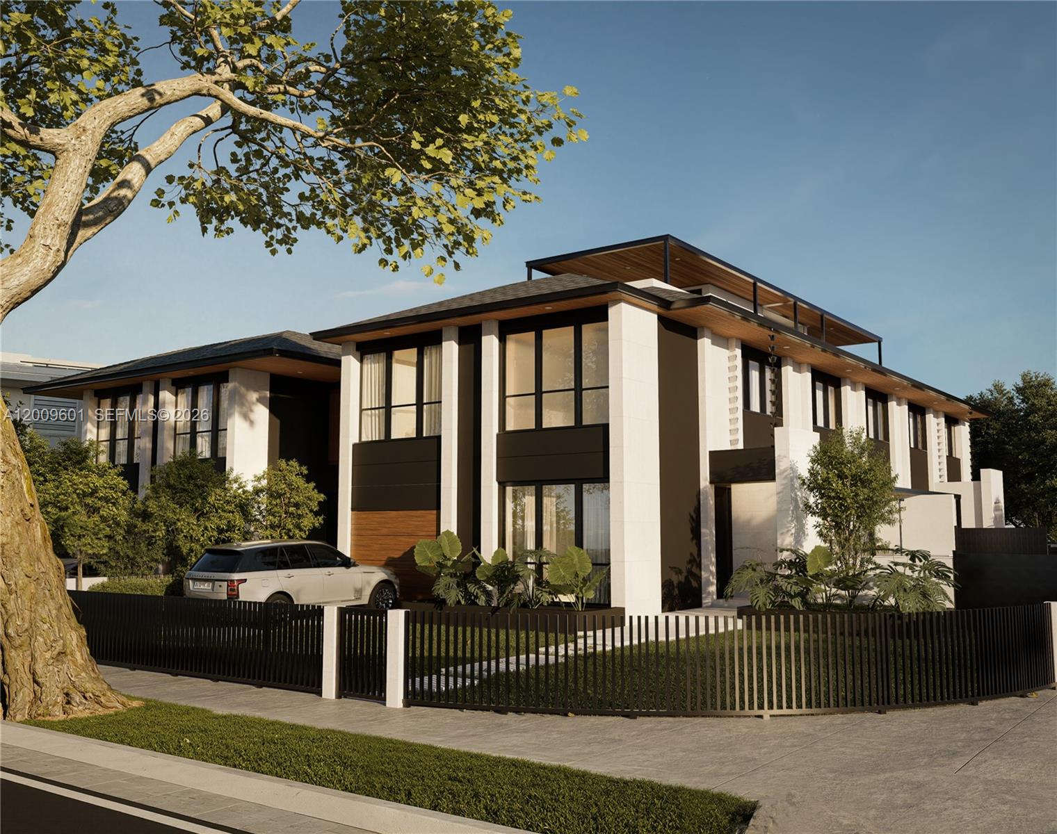 This is a rendering of a modern two-story house with a black fence and driveway — 1047 SW 13th Ave # A, Miami FL 33135, MIAMI, FL