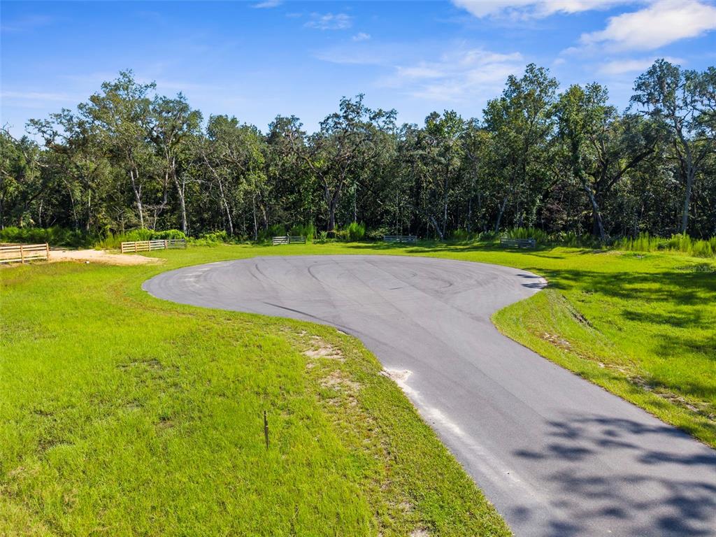 An aerial view shows a paved cul-de-sac surrounded by a grassy lot and dense trees — REPUBLICAN (LOT 7) WAY, BROOKSVILLE, FL