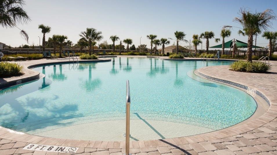 A large outdoor swimming pool features a shallow entry area, palm trees, and paved decking — 3917 AMERS LOOP, HAINES CITY, FL