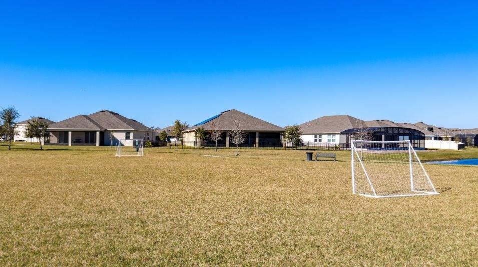 A grassy field features two soccer goals in front of several suburban residential houses — 3917 AMERS LOOP, HAINES CITY, FL