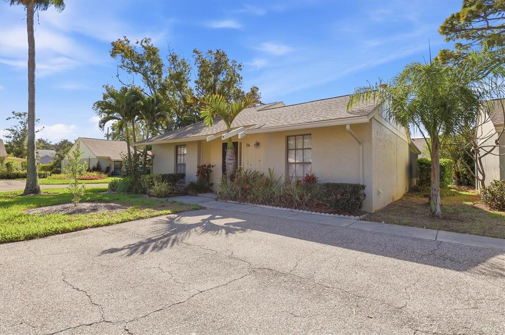 A single-story house with a beige stucco exterior, a shingled roof, and palm trees — 36 WINDRUSH BAY DRIVE UNIT 36, TARPON SPRINGS, FL