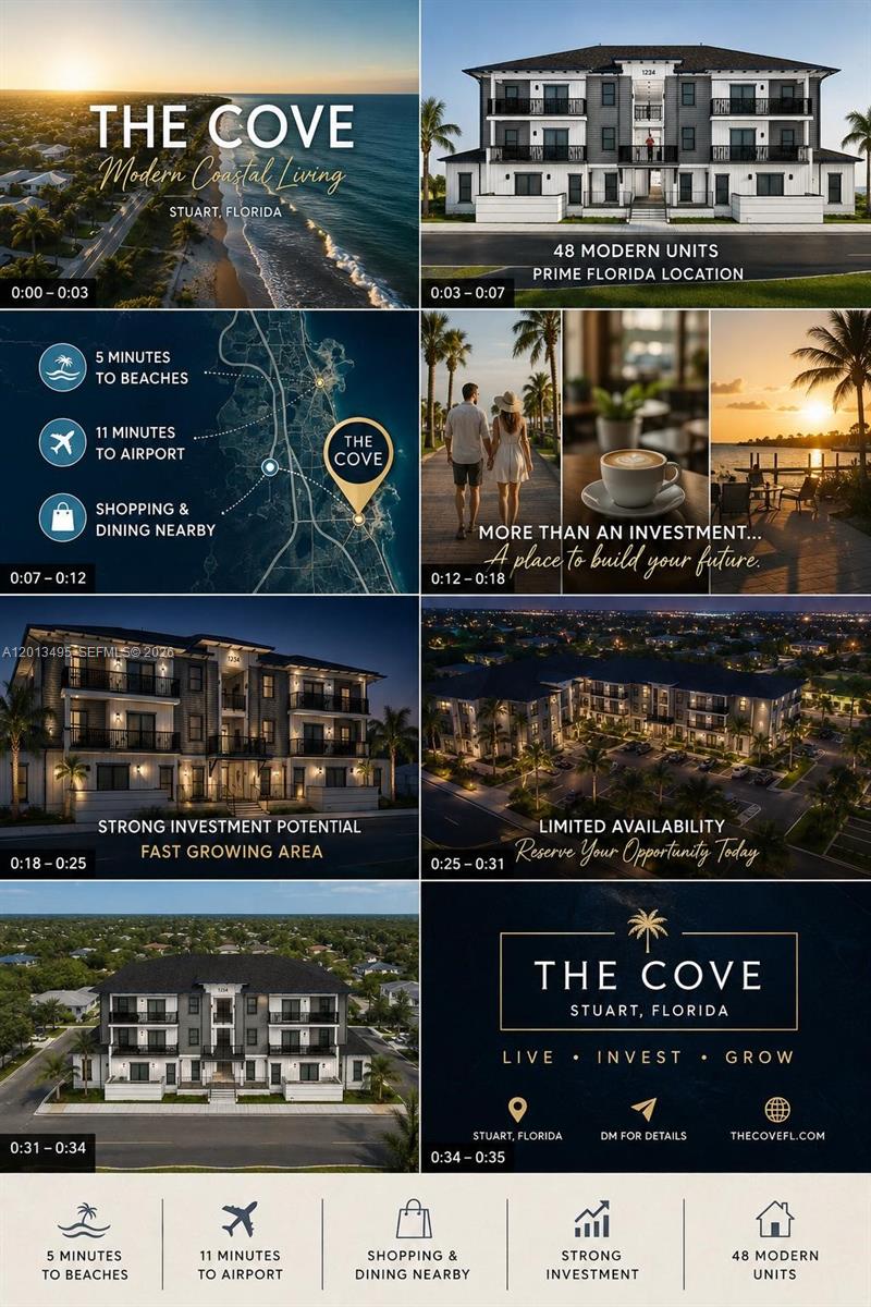 This collage shows exterior renderings and location maps for a modern residential apartment complex — 0 SE Lee St &, Stuart FL 34997, STUART, FL