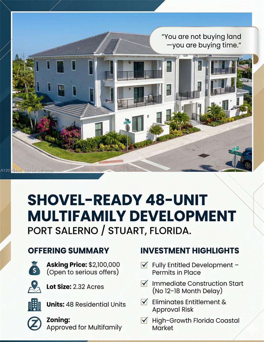 This is a real estate flyer featuring a rendering of a three-story multifamily apartment building — 0 SE Lee St &, Stuart FL 34997, STUART, FL