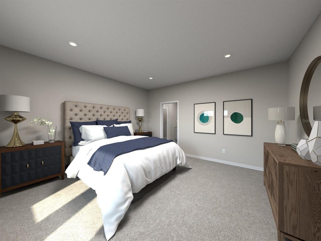 This is a digital rendering of a bedroom featuring a tufted headboard and neutral decor — 108 GENTLE RAIN LANE, NOKOMIS, FL