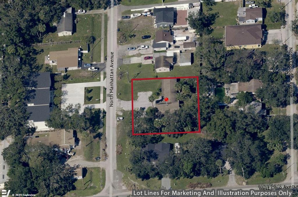 This aerial map shows a residential property lot outlined in red on a city street — 4205 N MANHATTAN AVENUE, TAMPA, FL