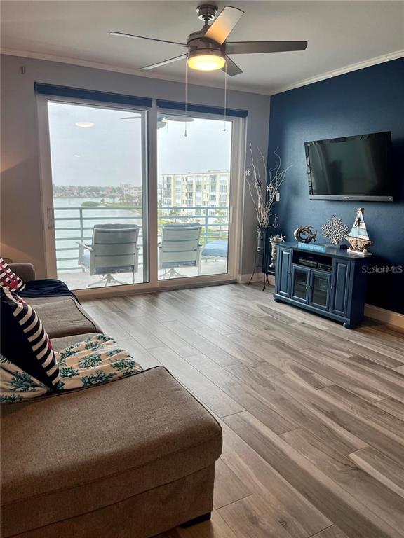 A living room features wood-look tile flooring, a dark blue accent wall, and a balcony view — 7932 SAILBOAT KEY BOULEVARD S UNIT 504, SOUTH PASADENA, FL