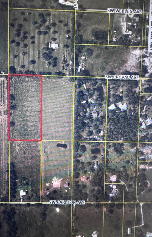An aerial map shows a rectangular parcel of land outlined in red near several roads — 5623 SW CARLTON AVENUE, ARCADIA, FL