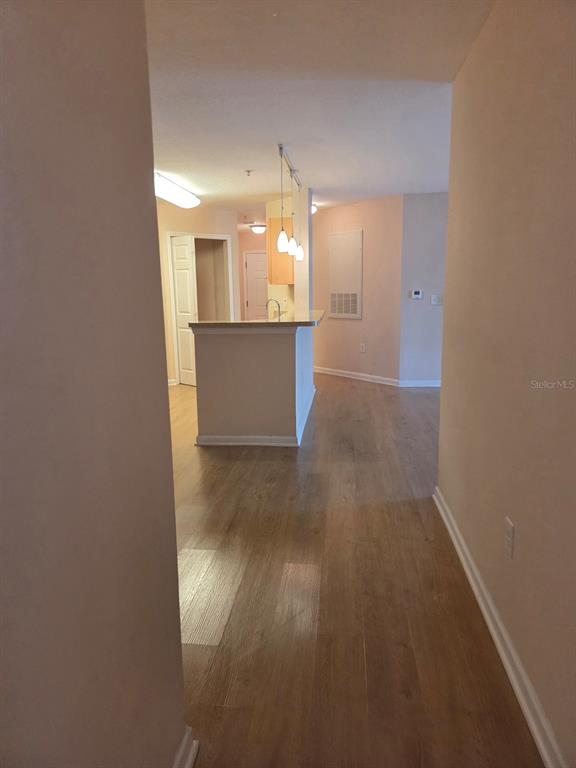 A view from a hallway looking into a kitchen with a breakfast bar and wood-look flooring — 5824 LAKE POINTE VILLAGE CIRCLE UNIT 504, ORLANDO, FL