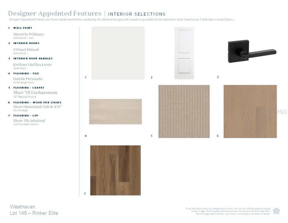 This image displays a design board featuring interior finish selections for a home — 13861 EASDALE ALLEY, WINTER GARDEN, FL