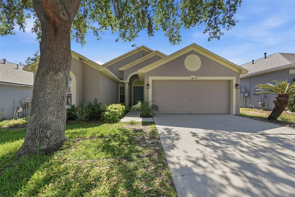 A single-story house with a beige stucco exterior, a two-car garage, and a large tree — 3511 GRAY WHETSTONE STREET, BRANDON, FL