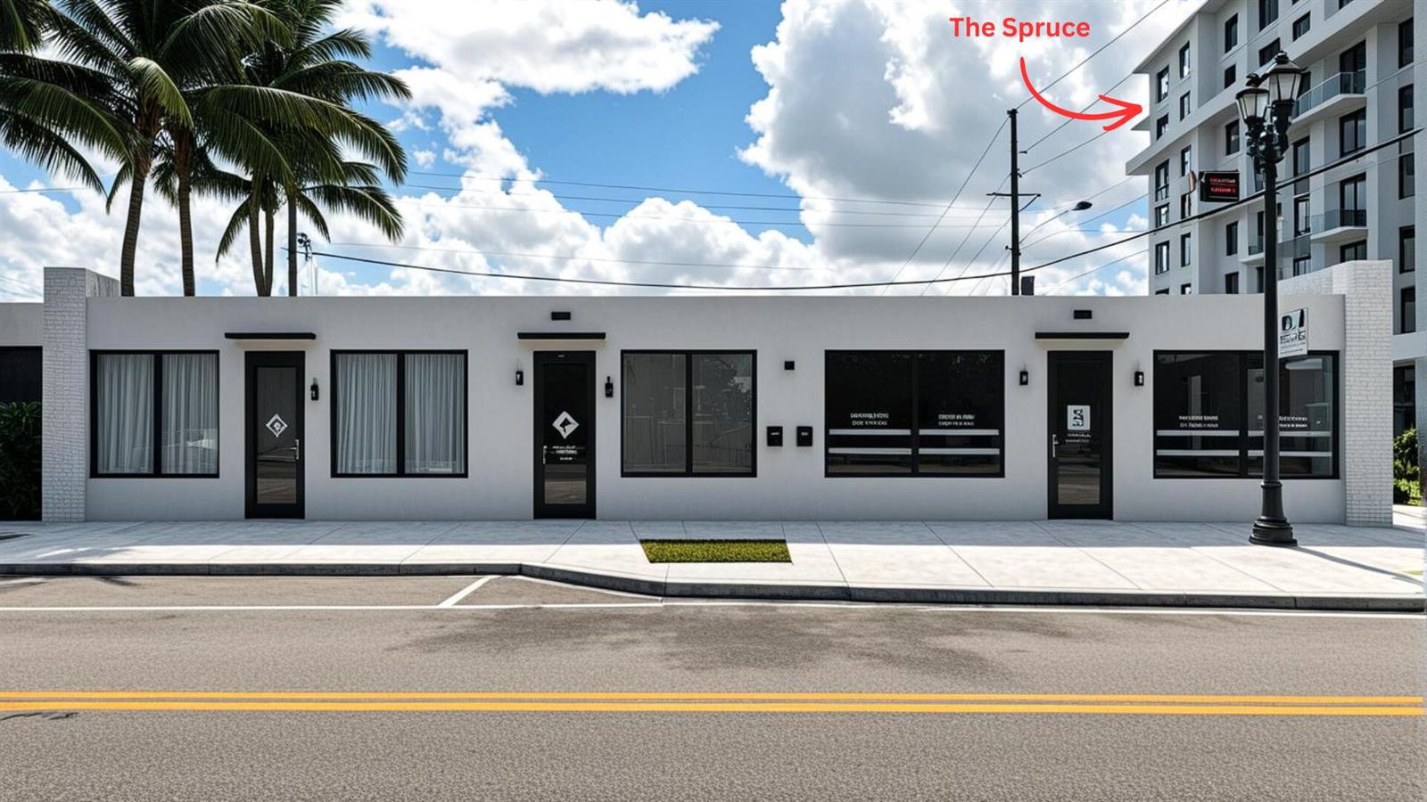 This rendering shows a single-story white commercial building with a tall apartment complex behind it — 444 25th # 3, West Palm Beach FL 33407, WEST PALM BEACH, FL