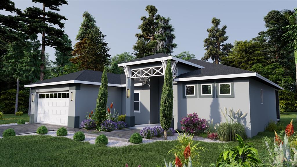 A digital rendering of a single-story gray house with a two-car garage and landscaping — 3382 ZORATOA AVENUE, NORTH PORT, FL
