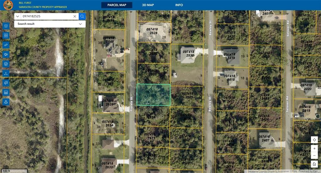 This is a satellite map showing a highlighted vacant residential lot in Sarasota County — FLORALA STREET, NORTH PORT, FL