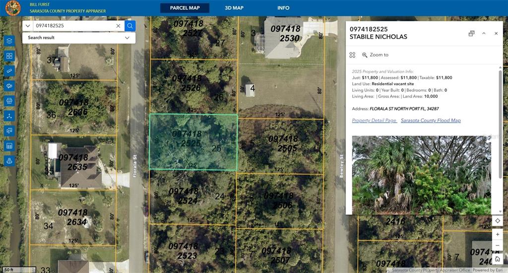 This is a digital property map showing a vacant residential lot highlighted in green — FLORALA STREET, NORTH PORT, FL